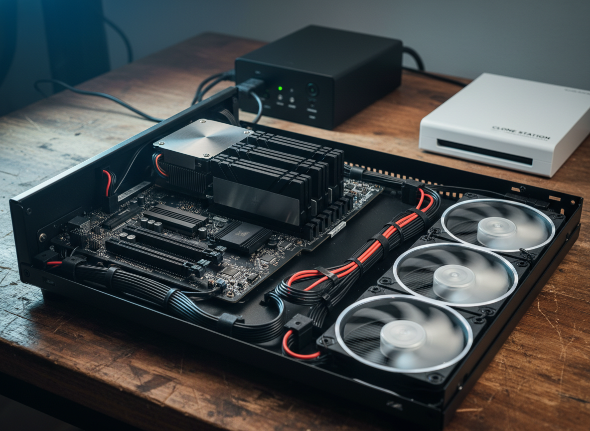 The interior of a custom-built homelab server on an open workbench, captured with the side panel removed to reveal meticulously arranged components. A black full-size motherboard holds multiple RAM sticks with subtle metallic heat spreaders, a low-profile CPU cooler, and two NVMe drives visible between PCIe slots. Several neatly routed power and data cables are tied flat against the case, avoiding airflow paths to three large, slowly spinning fans with a faint white glow. A small UPS unit and a labeled SSD cloning dock sit in the background. Directional, cool studio lighting from the left creates crisp reflections along heatsinks and case edges. Photographic realism, medium close-up from a slightly elevated angle, with shallow depth of field. The mood is technical, precise, and quietly powerful, ideal for showcasing hardware-focused homelab builds.