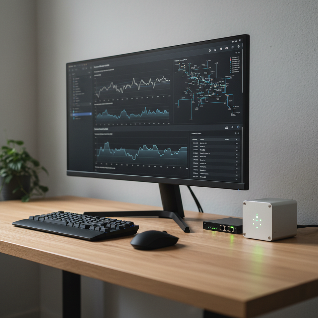 A minimalist home workstation dedicated to homelab management, featuring a single ultra-wide monitor displaying a dark-themed dashboard of virtual machines, network topology, and resource graphs. The monitor sits on a light oak desk with a matte black mechanical keyboard and a compact, silent mouse beside it. A small, fanless homelab mini-PC and a tiny 5-port managed switch rest to the side, status LEDs glowing softly. Daylight from an unseen window provides diffused, neutral lighting, with gentle reflections on the monitor’s bezel. Photographic realism, captured from a three-quarter angle with shallow depth of field, leaving the wall and background slightly blurred. The mood is focused and efficient, showcasing a clean, modern, and distraction-free control center for an IT professional’s personal portfolio.