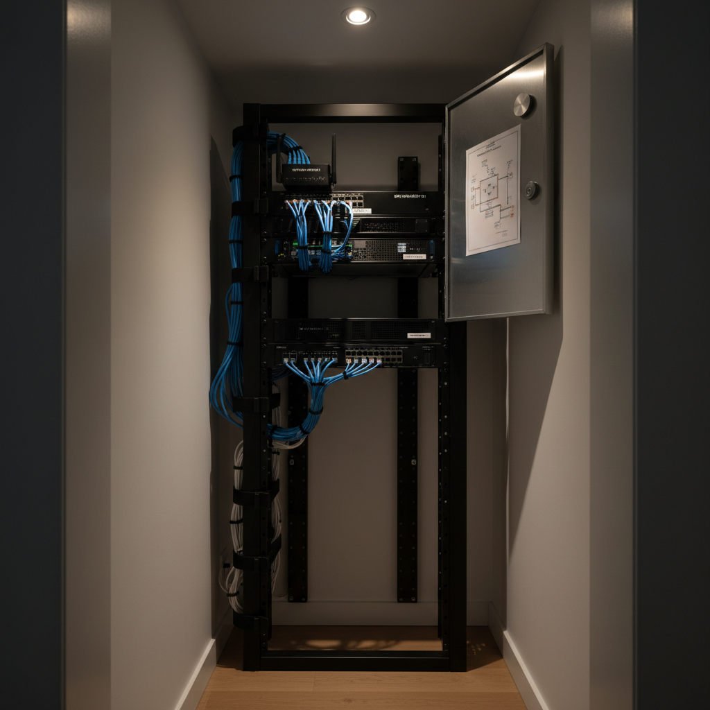A serene, dimly lit network closet conversion in a residential space, featuring a short open-frame rack mounted against a clean white wall. The rack holds a rackmount router, switch, and 2U server, each with clearly visible hostnames on subtle labels. Blue and white Ethernet cables are perfectly managed along vertical cable organizers, curving neatly into patch panels. A small laminated network diagram is magnetically attached to a nearby metal panel. A warm, focused LED ceiling light illuminates the equipment, creating gentle highlights on metallic surfaces while leaving the room edges in soft shadow. Photographic realism, shot from a low, angled perspective emphasizing vertical lines and tidy structure. The atmosphere feels quiet, reliable, and thoughtfully engineered, capturing the transformation of a home space into a professional-grade IT homelab for a personal portfolio feature.