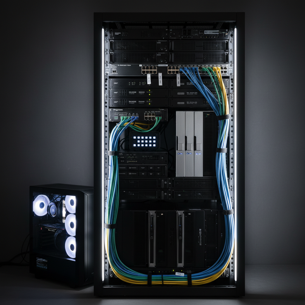 A compact, meticulously organized IT homelab rack against a dark matte wall, filled with neatly stacked black and silver servers, a small 2U NAS with soft blue status LEDs, and a tidy 24-port switch labeled with crisp white tags. Thick, color-coded Ethernet cables form graceful arcs, carefully bundled with Velcro ties. A quiet, mid-tower lab PC with a tempered glass side panel reveals glowing internal components. Soft, cool-white LED strip lighting runs along the rack edges, casting subtle reflections on the brushed metal surfaces. Photographic realism, shot at eye level with a slightly wide angle, sharp focus throughout. The atmosphere feels calm, professional, and controlled, embodying a clean, modern personal lab environment for a serious IT portfolio homepage.