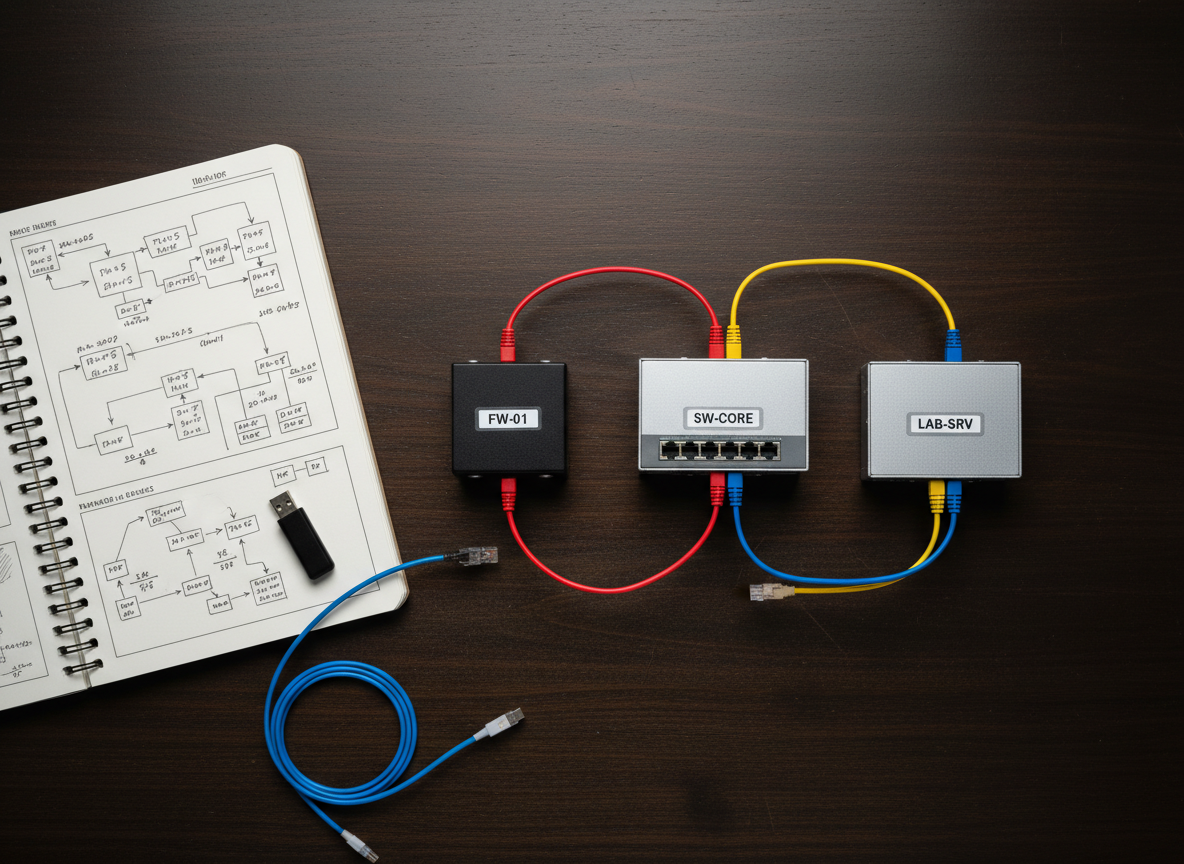 An elegant top-down view of a small-scale network lab layout on a dark wooden surface, featuring a compact rack-mounted firewall, a 24-port switch, and a low-profile server, each with tiny, clearly visible labels like “FW-01,” “SW-CORE,” and “LAB-SRV.” Short, precisely arranged Ethernet patch cables in distinct colors create a visually satisfying pattern between devices. Beside the hardware lies an open notebook with hand-drawn network diagrams and subnet notes, next to a USB drive and a neatly coiled fiber patch cable. Soft, overhead studio lighting produces gentle shadows and highlights the texture of brushed aluminum and plastic. Photographic realism with a flat-lay composition, sharp focus across the frame. The scene feels methodical, hands-on, and exploratory, perfect for illustrating the planning side of homelab projects in an IT portfolio.