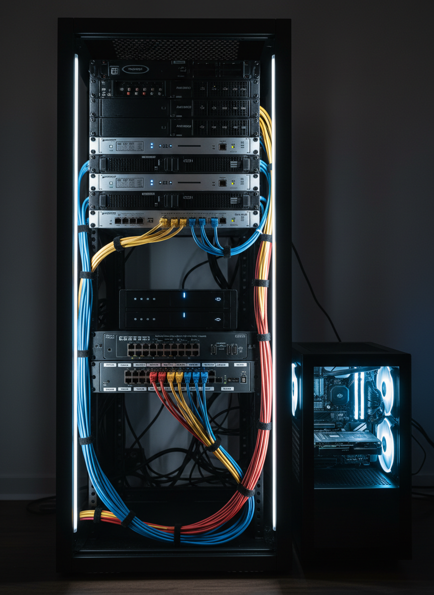 A compact, meticulously organized IT homelab rack against a dark matte wall, filled with neatly stacked black and silver servers, a small 2U NAS with soft blue status LEDs, and a tidy 24-port switch labeled with crisp white tags. Thick, color-coded Ethernet cables form graceful arcs, carefully bundled with Velcro ties. A quiet, mid-tower lab PC with a tempered glass side panel reveals glowing internal components. Soft, cool-white LED strip lighting runs along the rack edges, casting subtle reflections on the brushed metal surfaces. Photographic realism, shot at eye level with a slightly wide angle, sharp focus throughout. The atmosphere feels calm, professional, and controlled, embodying a clean, modern personal lab environment for a serious IT portfolio homepage.